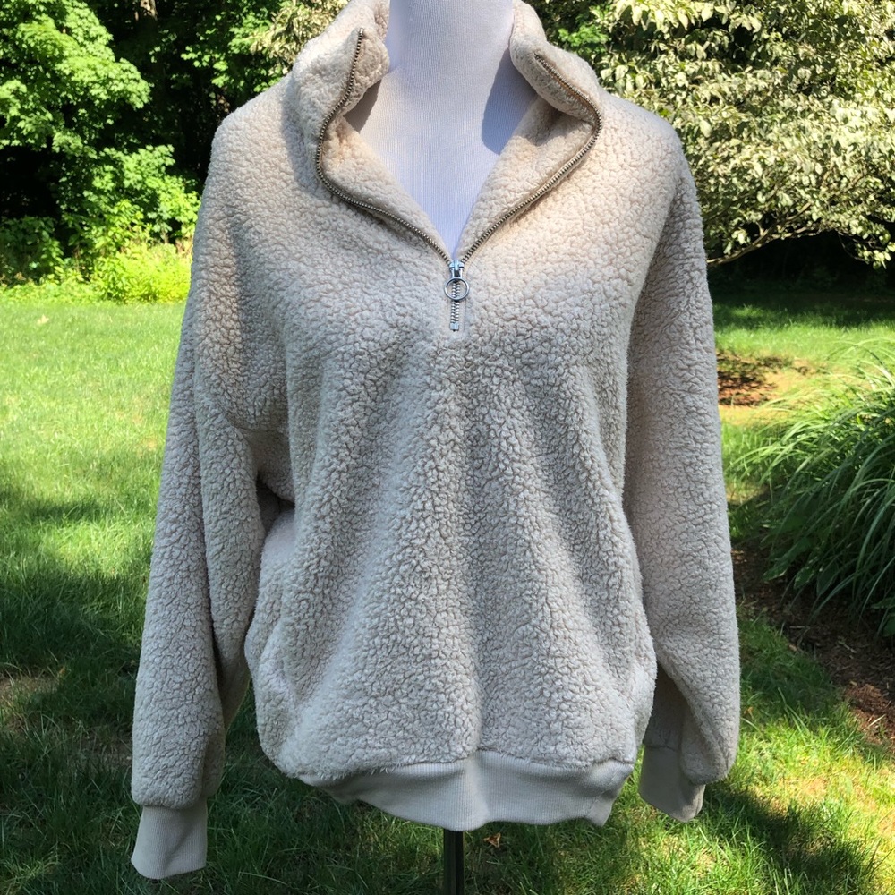 Express One Eleven Beige Sherpa Fuzzy Pullover - Picture 2 of 6